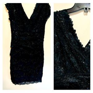 Le Chateau Black Beaded and Laced Layered Cocktail Dress